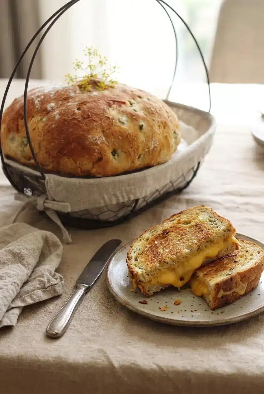 Loaf of dill pickle bread on a linen table beside a plate with a thick-sliced sharp cheddar grilled cheese sandwich