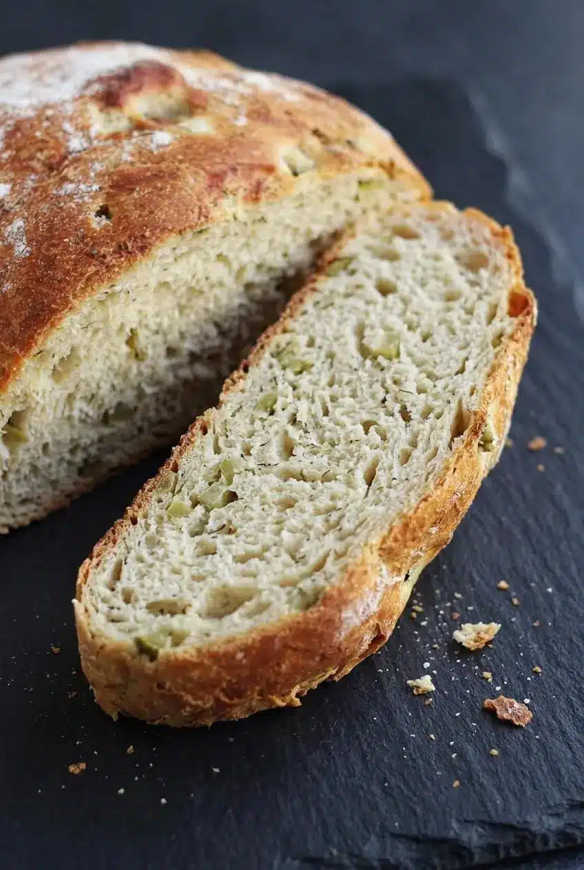 Close-up slice of dill pickle bread resting against the loaf, showing an airy crumb with diced pickles and dried dill