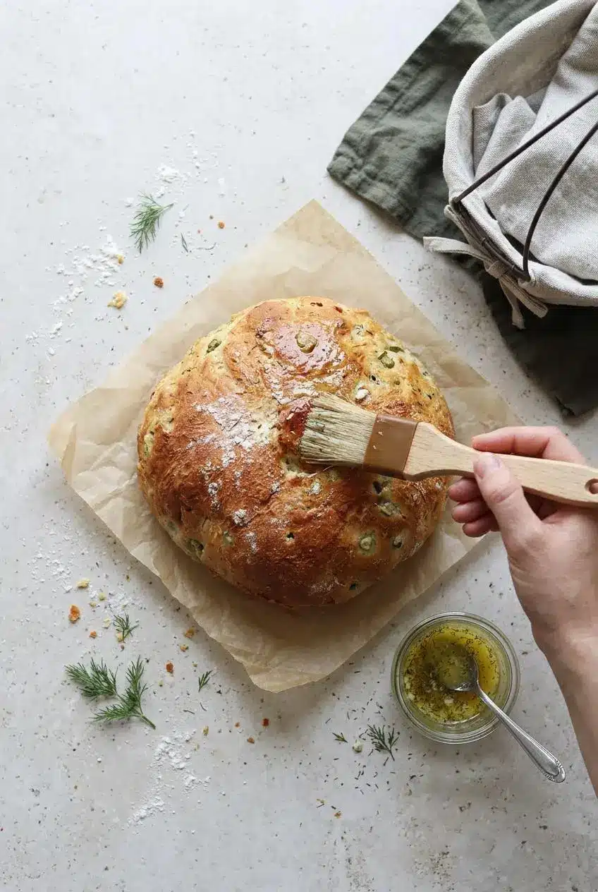 Overhead view of warm baked dill pickle bread being brushed with melted garlic-dill butter next to a glass ramekin