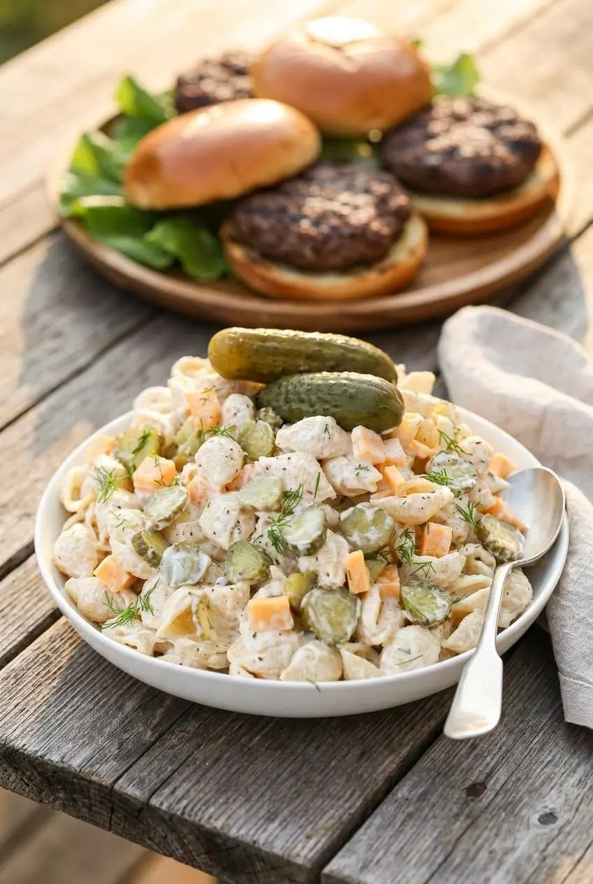 Dill pickle pasta salad served in a bowl alongside grilled burgers on a rustic summer cookout table.