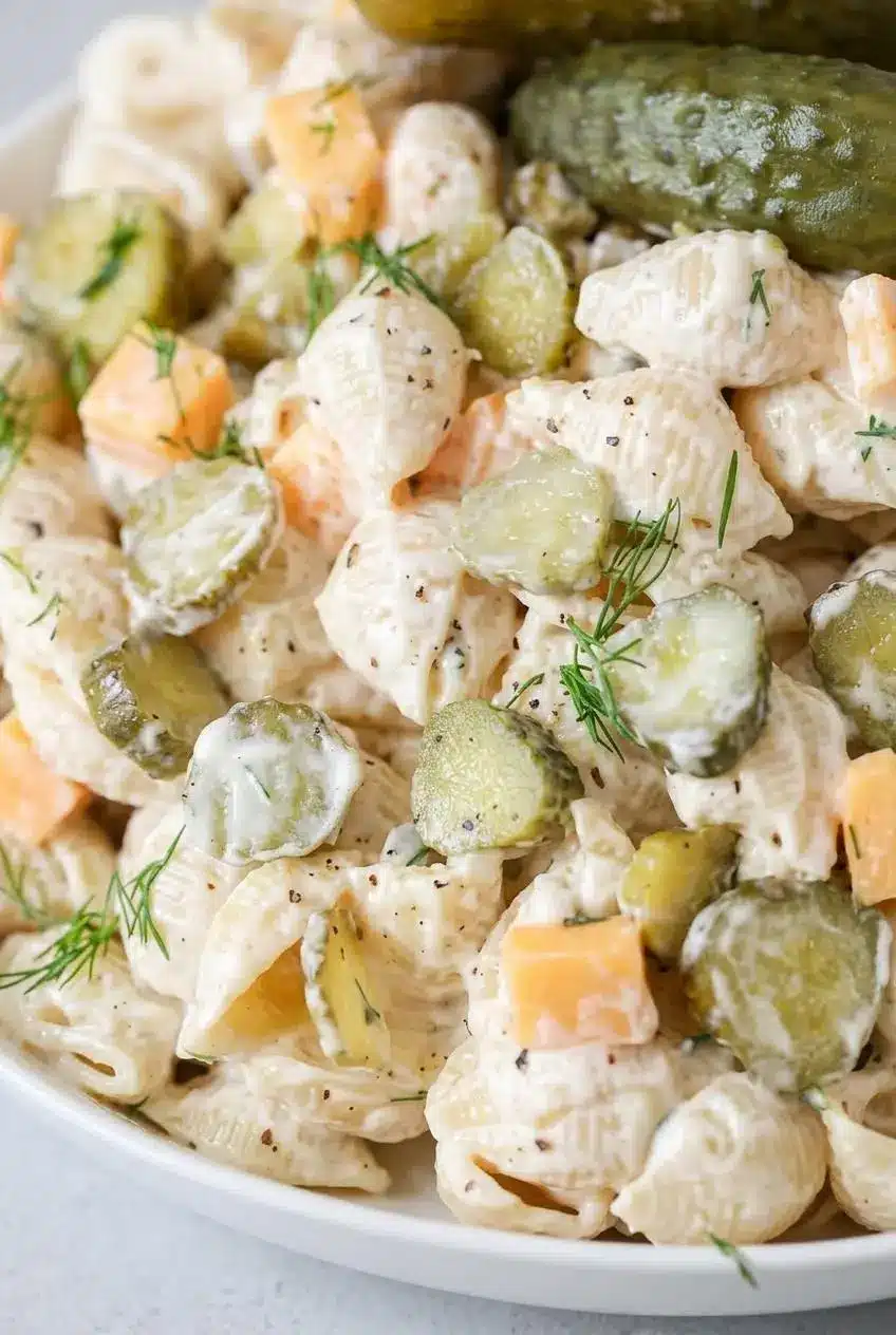 Close-up of creamy dill pickle pasta salad showing glossy dressing clinging to shell pasta without separating.