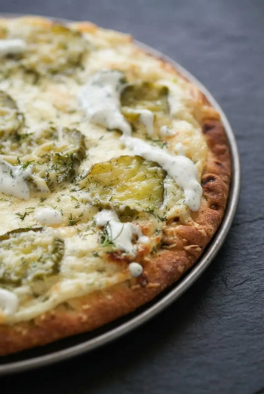 Close-up of baked dill pickle pizza crust showing golden Parmesan edges, bubbling mozzarella, and thin pickle slices.