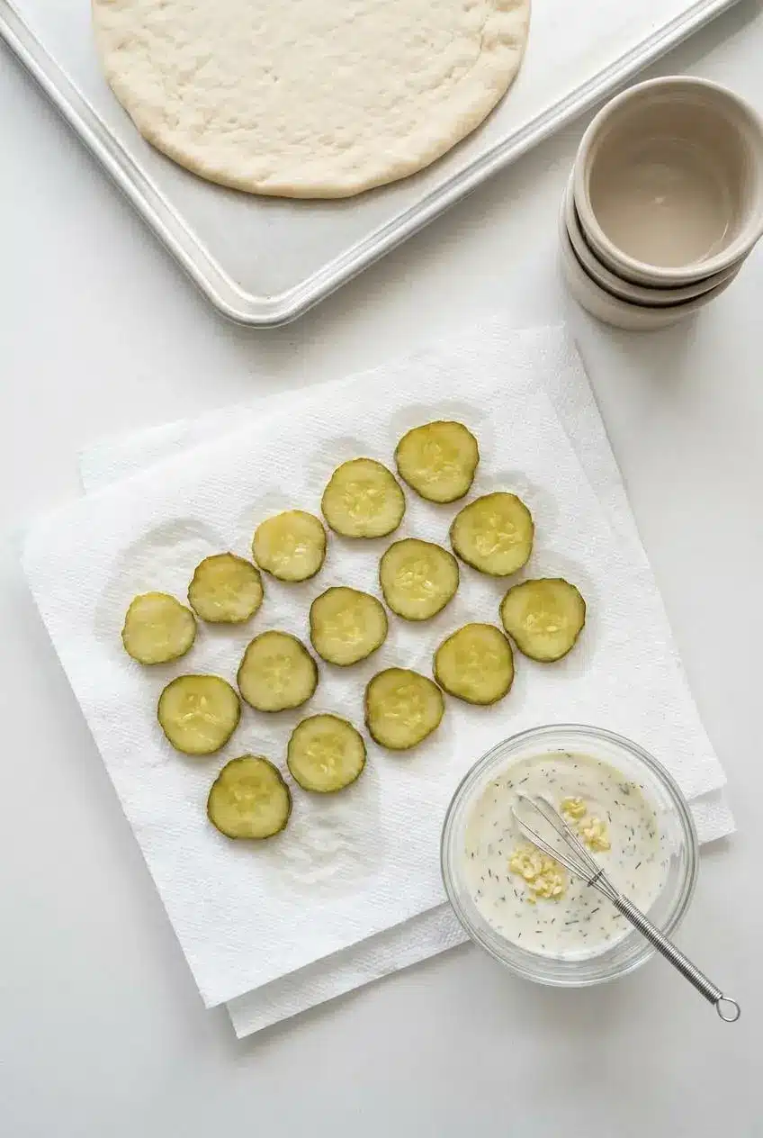 Thinly sliced kosher dill pickles drying on paper towels next to whipped garlic cream cheese sauce and a pizza crust.