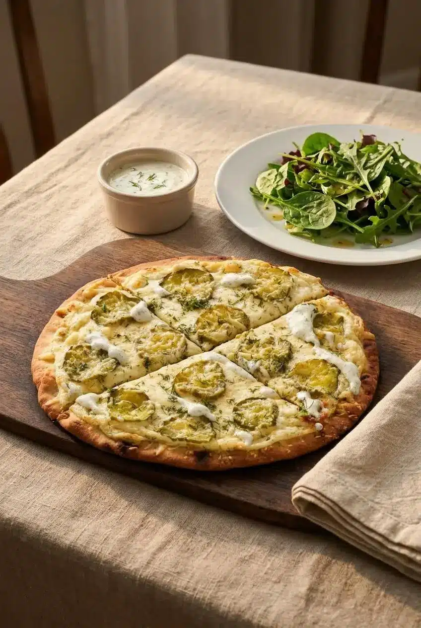 Sliced dill pickle pizza served on a dining table alongside a ramekin of creamy dill ranch dip and a mixed green salad.