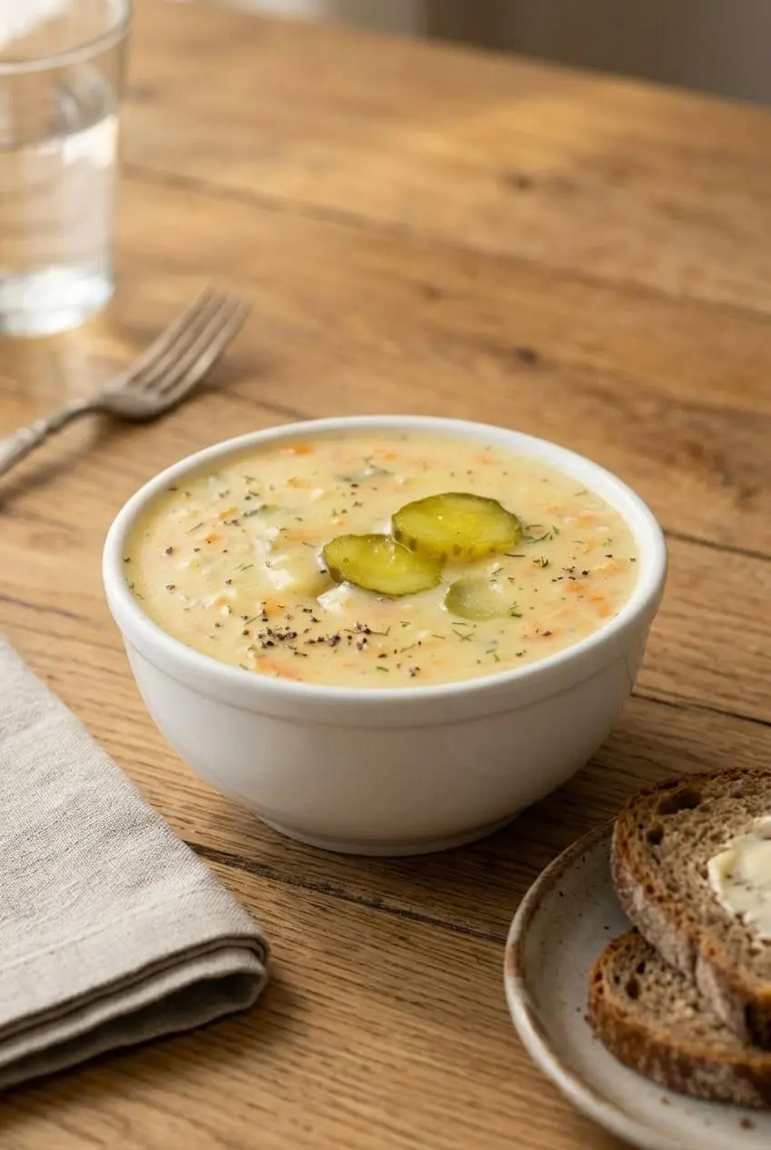 Bowl of dill pickle soup served alongside buttered artisan dark rye bread on a rustic table.