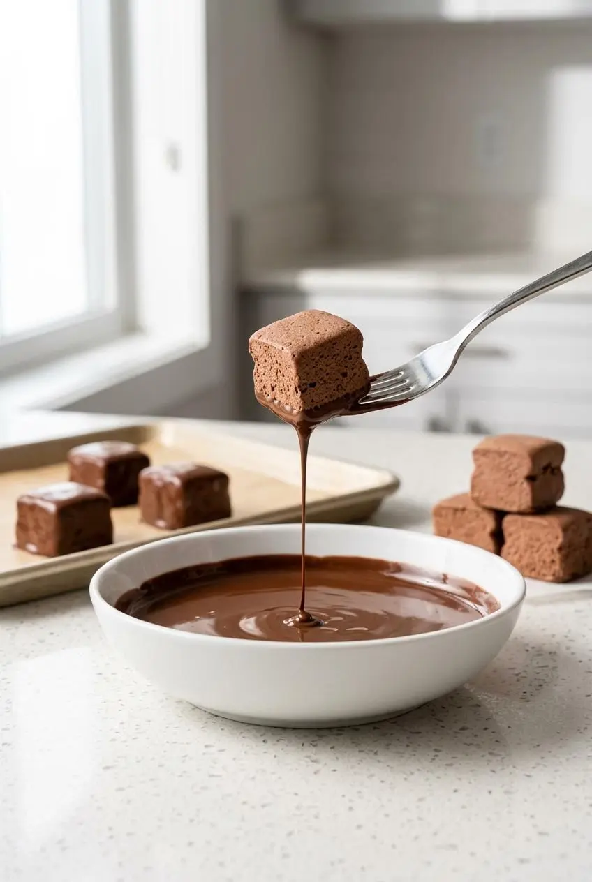 Dipping a frozen candy square into melted dark chocolate on a fork over a bowl.