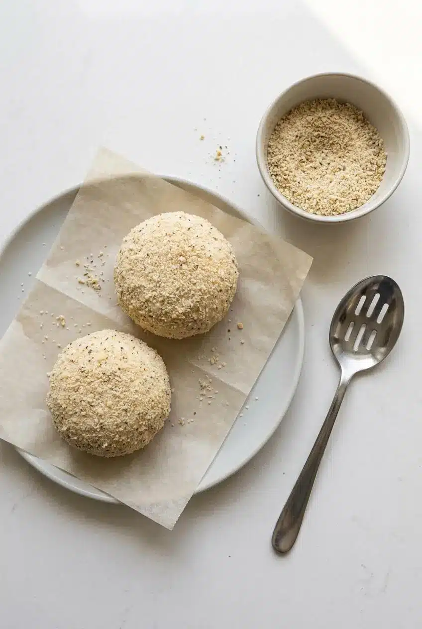 Overhead view of two uncooked burrata balls fully sealed in seasoned breadcrumbs beside a slotted spoon.