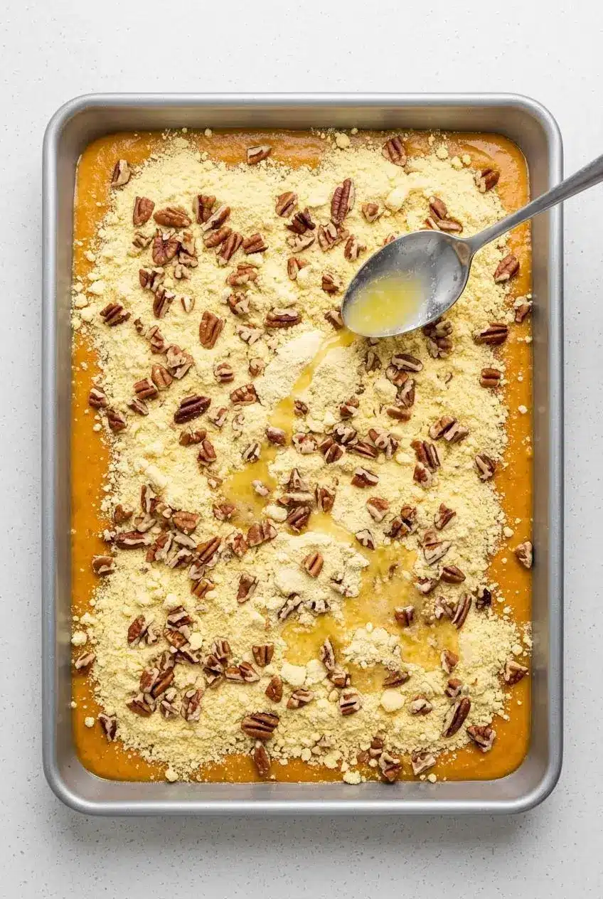 Melted butter being drizzled from a spoon over dry cake mix and chopped pecans in a 9x13 baking pan