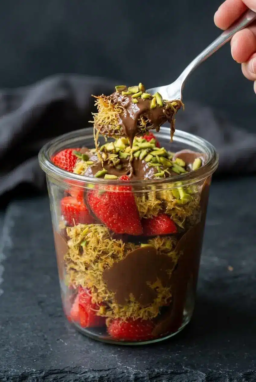 Spoon lifting a bite of crisp pistachio kataifi, melted chocolate, and fresh strawberries from a glass dessert cup.