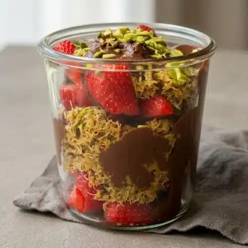 Dubai chocolate strawberry cups layered with halved berries, golden pistachio kataifi, and glossy milk chocolate.