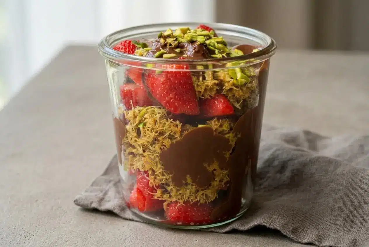 Dubai chocolate strawberry cups layered with halved berries, golden pistachio kataifi, and glossy milk chocolate.