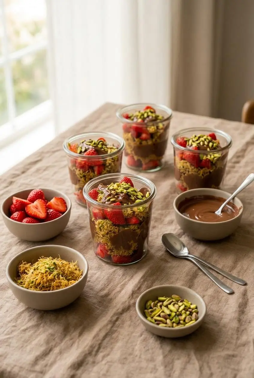 Four dubai chocolate strawberry cups on a table with small bowls of berries, pistachio kataifi, and melted chocolate.