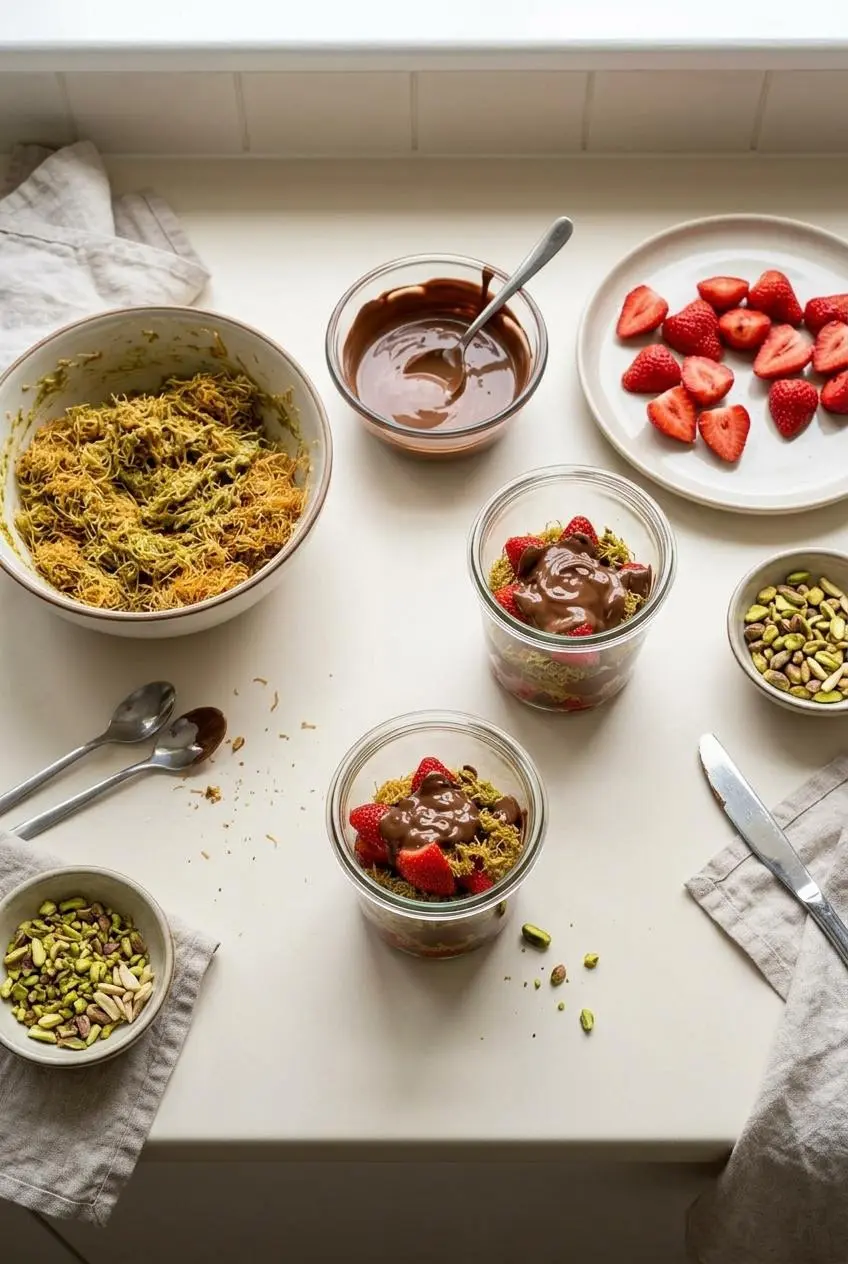 Overhead view of bowls with pistachio kataifi, melted milk chocolate, halved strawberries, and two partially layered glasses.