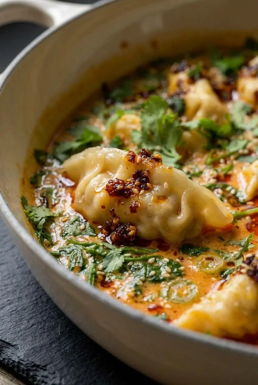Close-up of a tender, steamed gyoza potsticker with a translucent wrapper in bubbling coconut curry broth with chili crisp.