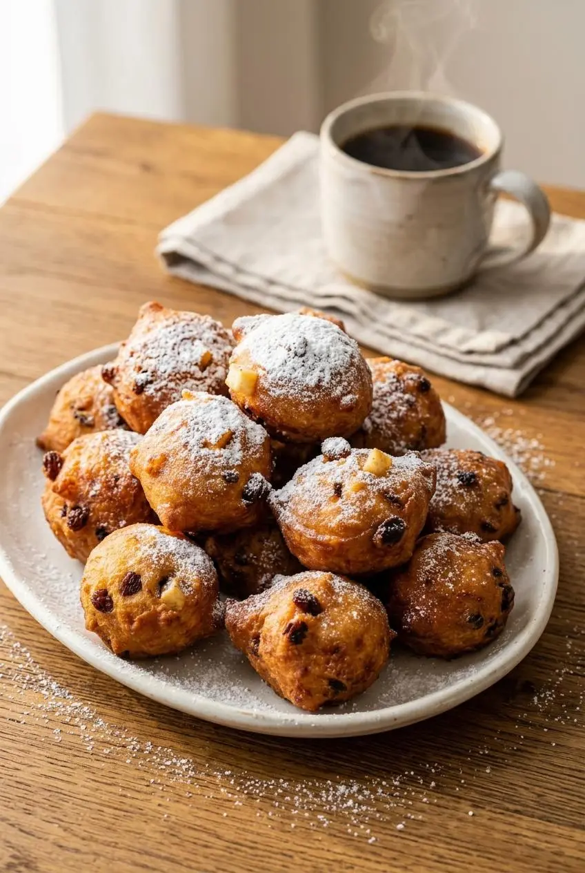 A platter of powdered sugar dusted oliebollen served with a warm mug of black coffee.