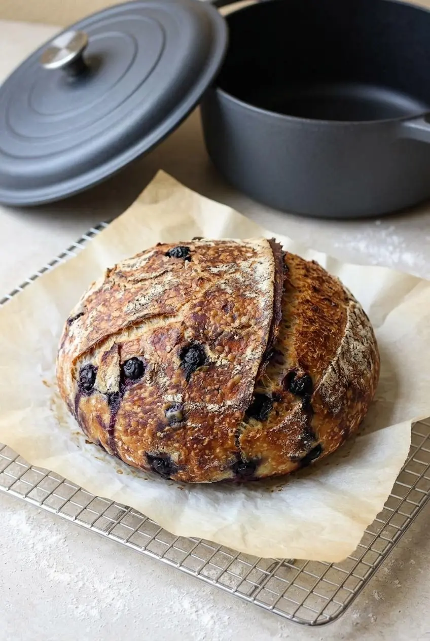 Freshly baked lemon blueberry sourdough bread on parchment paper beside a cast iron Dutch oven