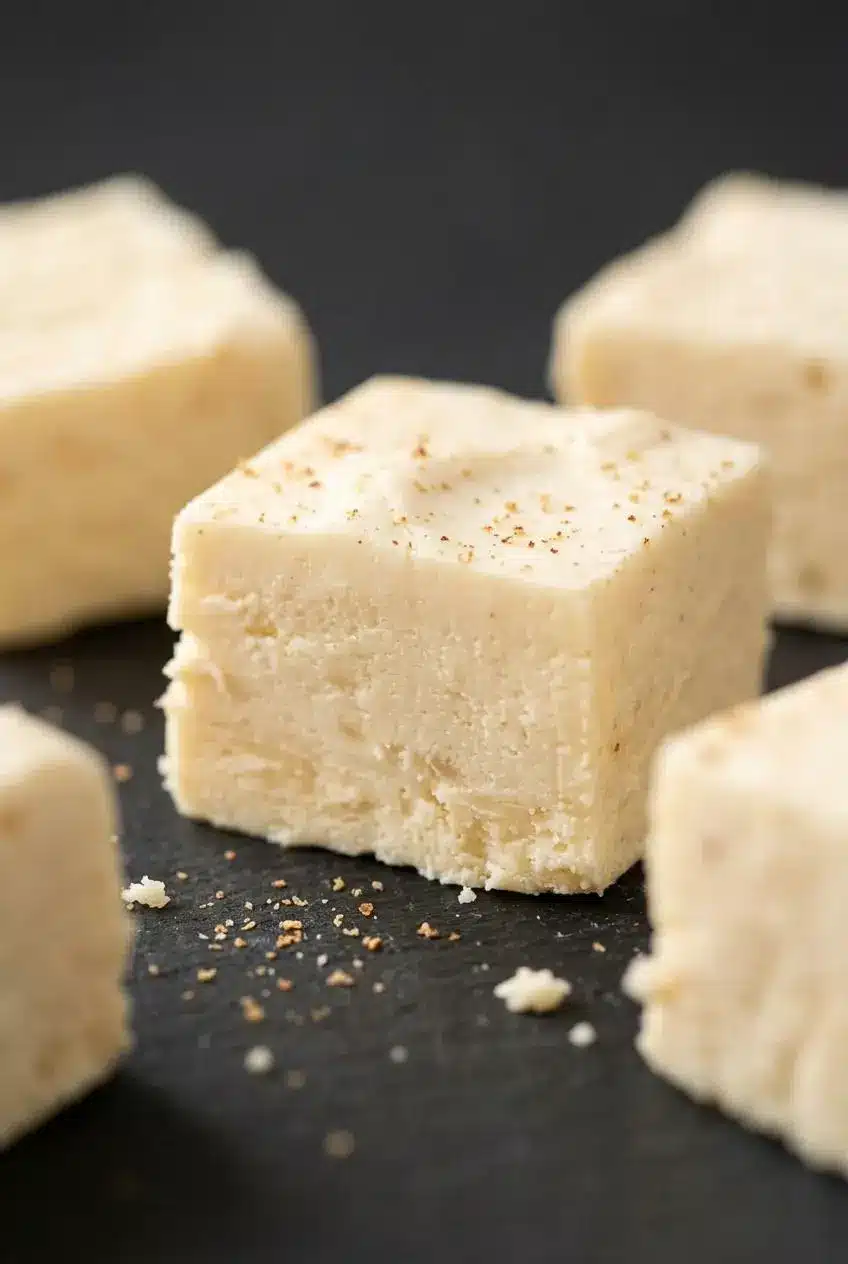 Close-up of a freshly cut square of eggnog fudge showing a smooth, velvety interior and nutmeg flecks.
