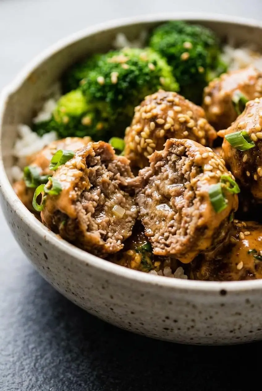 Close-up of a halved baked meatball showing a juicy, tender center with ginger, scallion whites, and creamy sauce.