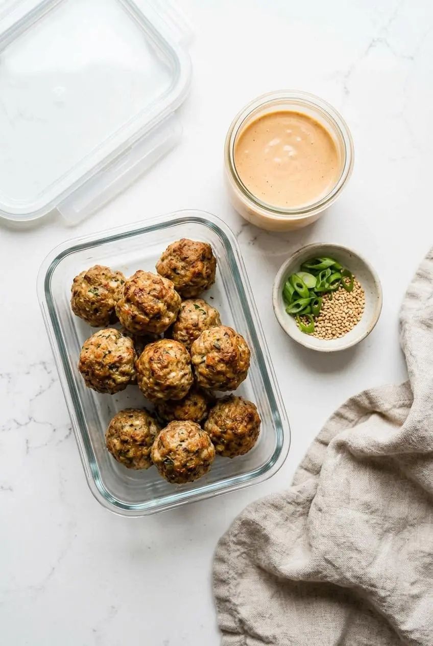 Cooled baked meatballs in a glass container next to a jar of creamy sriracha sauce and a bowl of scallions and sesame seeds.