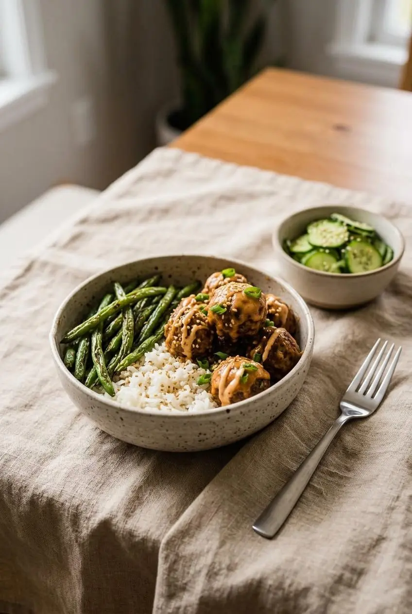 Firecracker meatballs served in a dinner bowl with toasted sesame jasmine rice, blistered green beans, and cucumber salad.