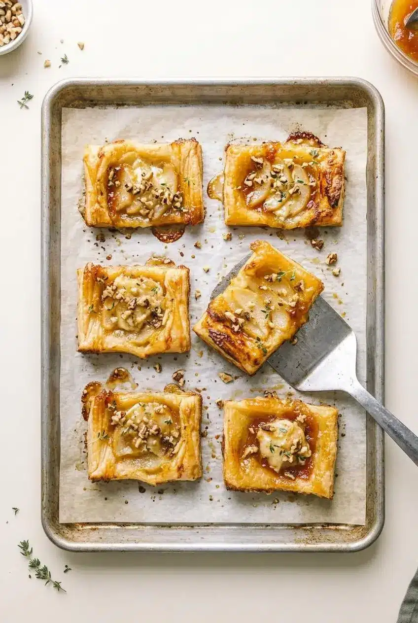 Baked puff pastry rectangles on a parchment-lined sheet pan with a metal spatula flipping one caramelized fruit tart