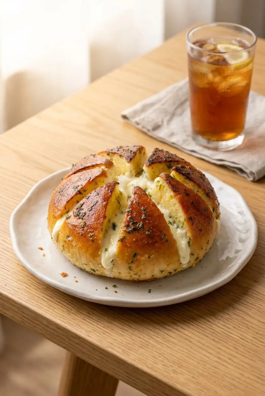Whole flower-shaped Korean cream cheese garlic bread on a ceramic plate beside an iced tea.