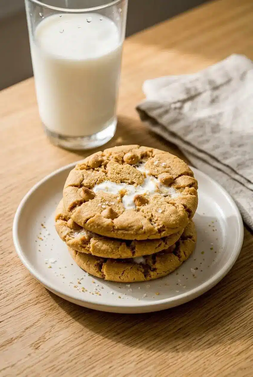 Stack of fluffernutter cookies topped with graham cracker crumbs and sea salt next to a glass of cold milk.
