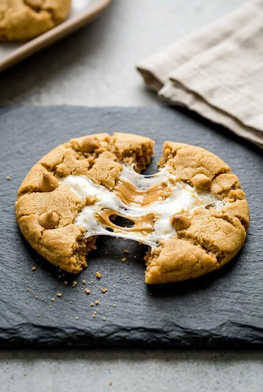 Warm fluffernutter cookie broken in half showing a molten marshmallow stretch and creamy peanut butter core.