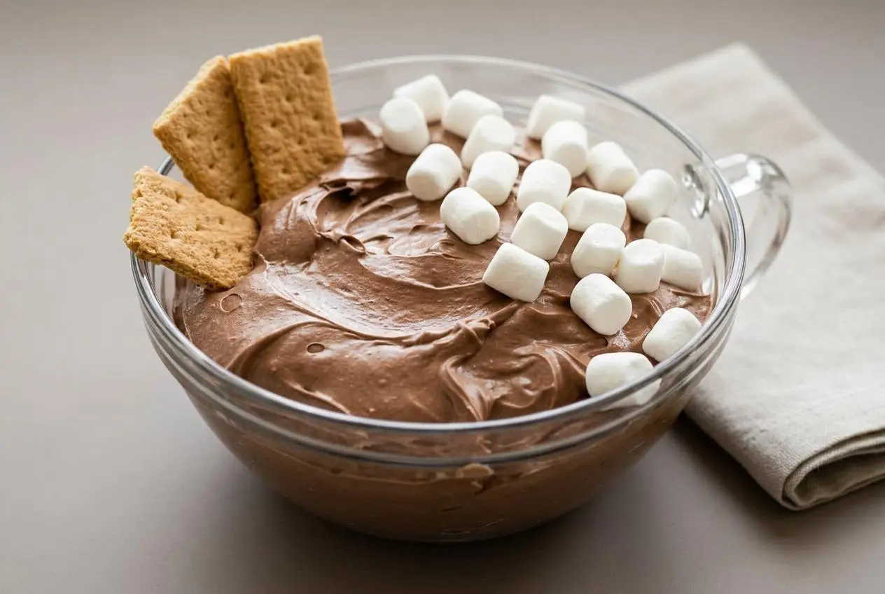 Fluffy hot chocolate dip topped with mini marshmallows in a bowl, showcasing a velvety gloss.