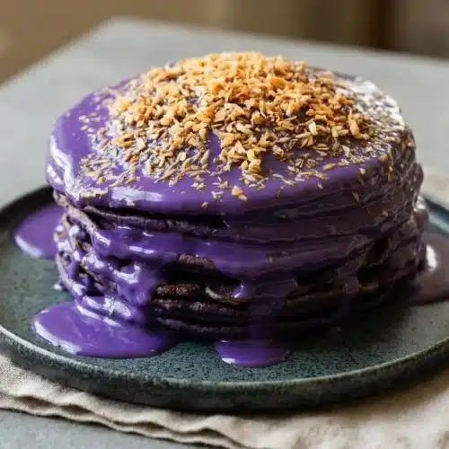 Stack of fluffy ube pancakes drizzled with glossy purple coconut sauce and topped with crisp toasted coconut flakes.