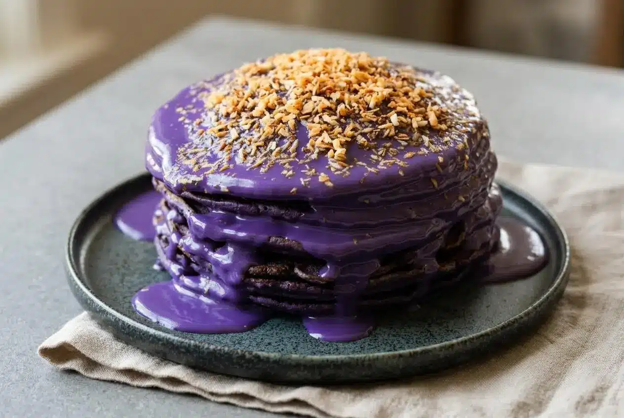 Stack of fluffy ube pancakes drizzled with glossy purple coconut sauce and topped with crisp toasted coconut flakes.