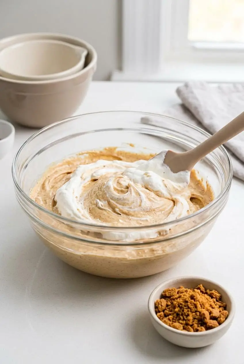 Silicone spatula gently folding white whipped topping into a caramel-tan spiced cream cheese mixture in a glass bowl
