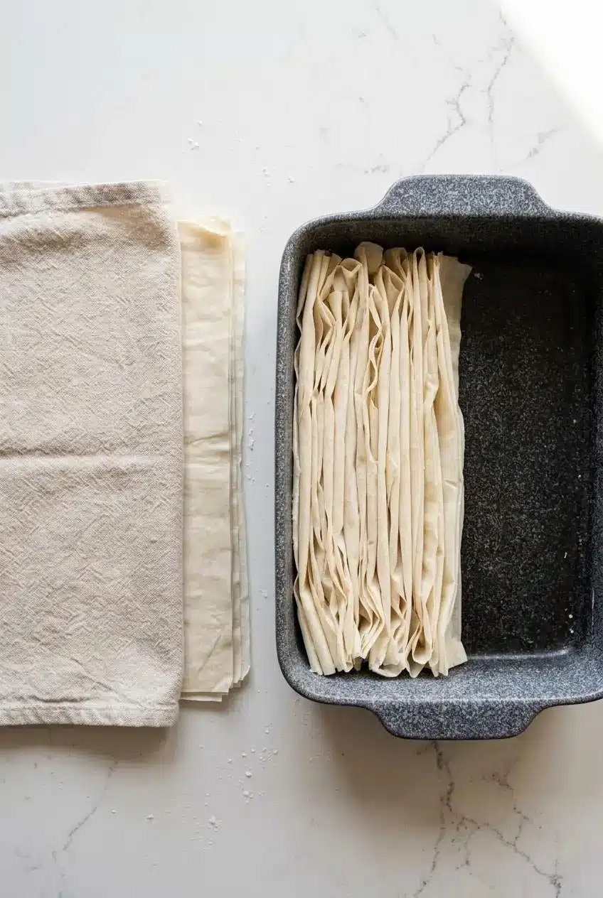 Loosely folded unbaked phyllo rows in a baking pan next to a stack of pastry covered with a damp kitchen towel