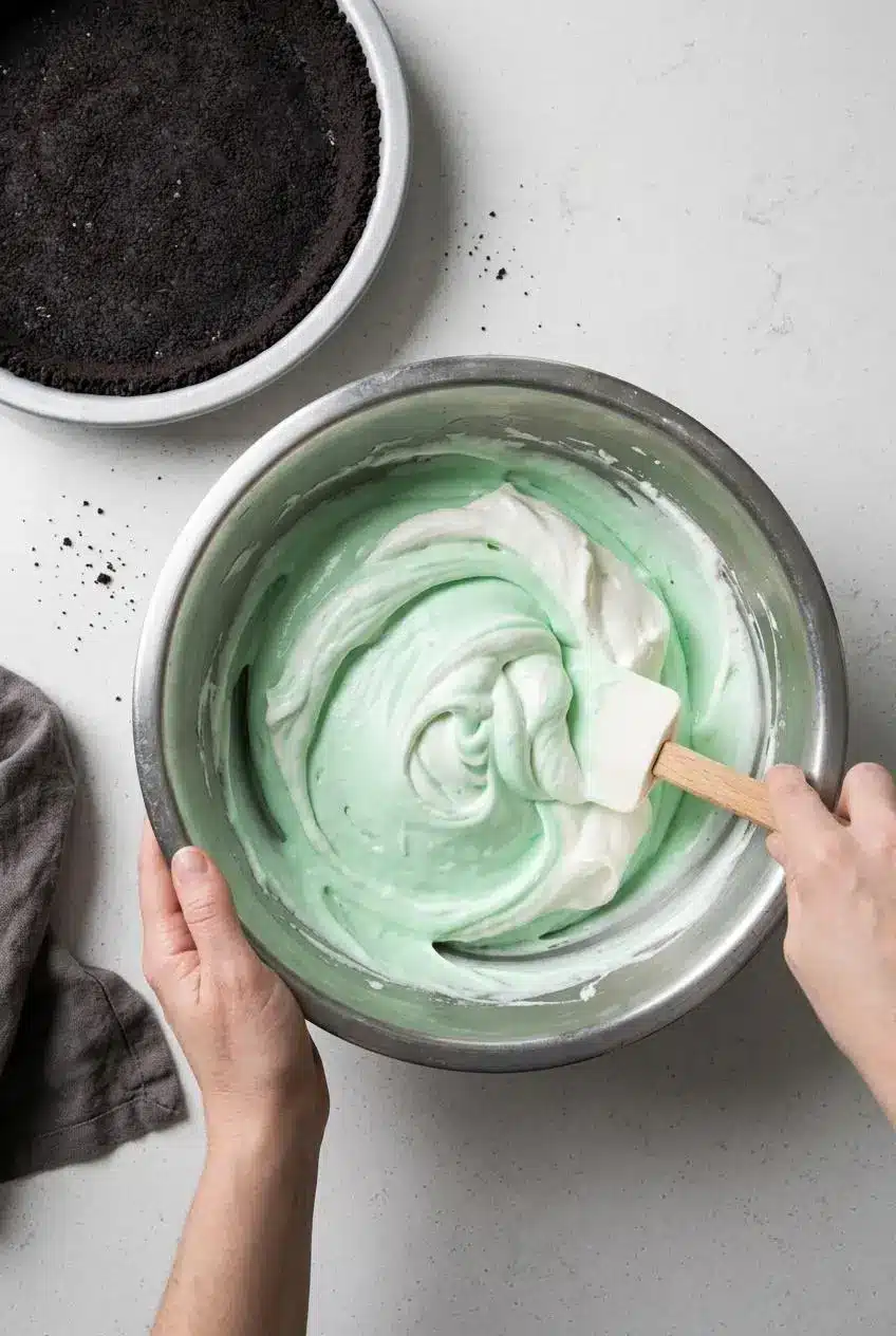 Rubber spatula folding stiff whipped cream into cooled green marshmallow mixture next to an Oreo pie crust.