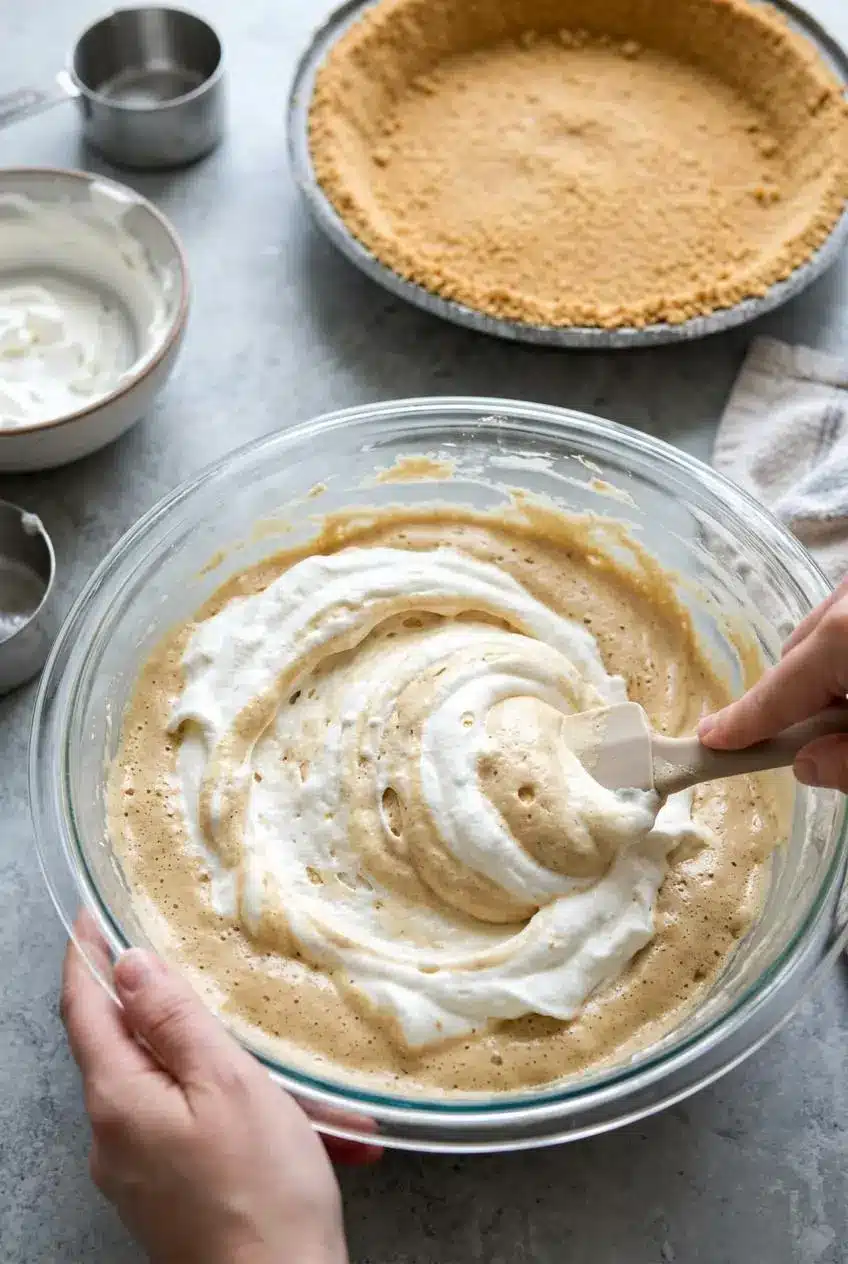 Silicone spatula gently folding thawed whipped topping into thickened tan root beer pudding in a glass mixing bowl