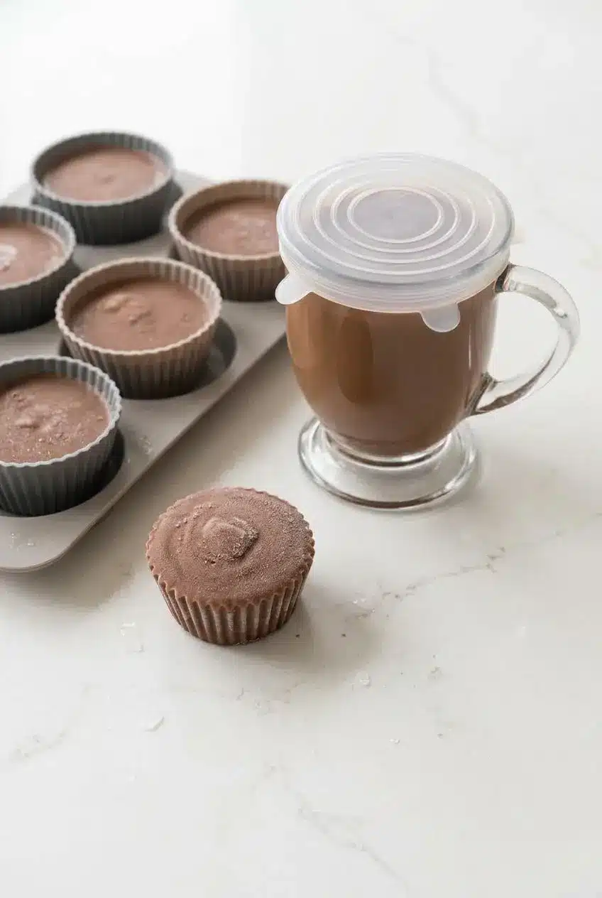 Frozen solid chocolate creamer portions in silicone muffin cups with one popped out beside a sealed glass jar.