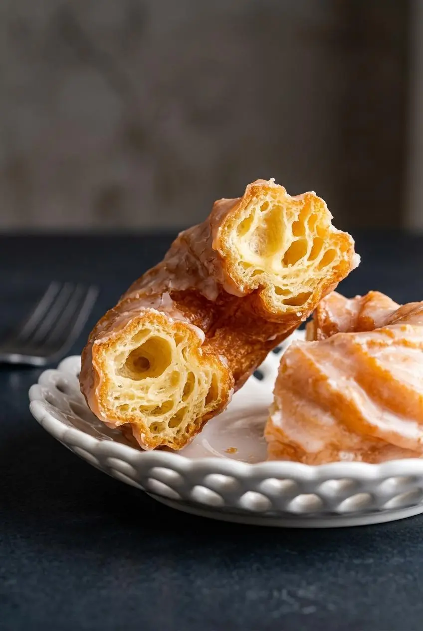 Glazed french cruller torn in half showing hollow airy choux pastry pockets inside.