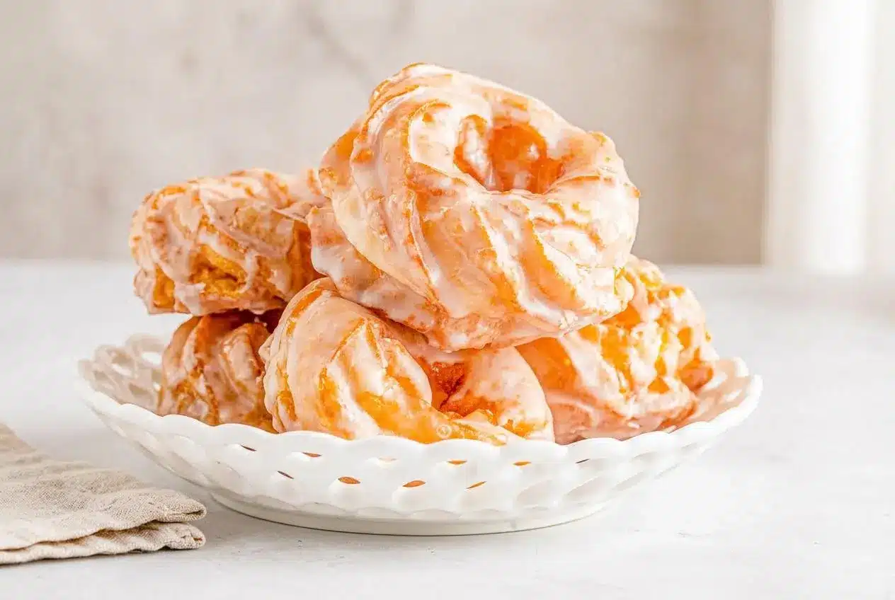 Golden french crullers with deep fluted ridges and a glossy vanilla glaze.