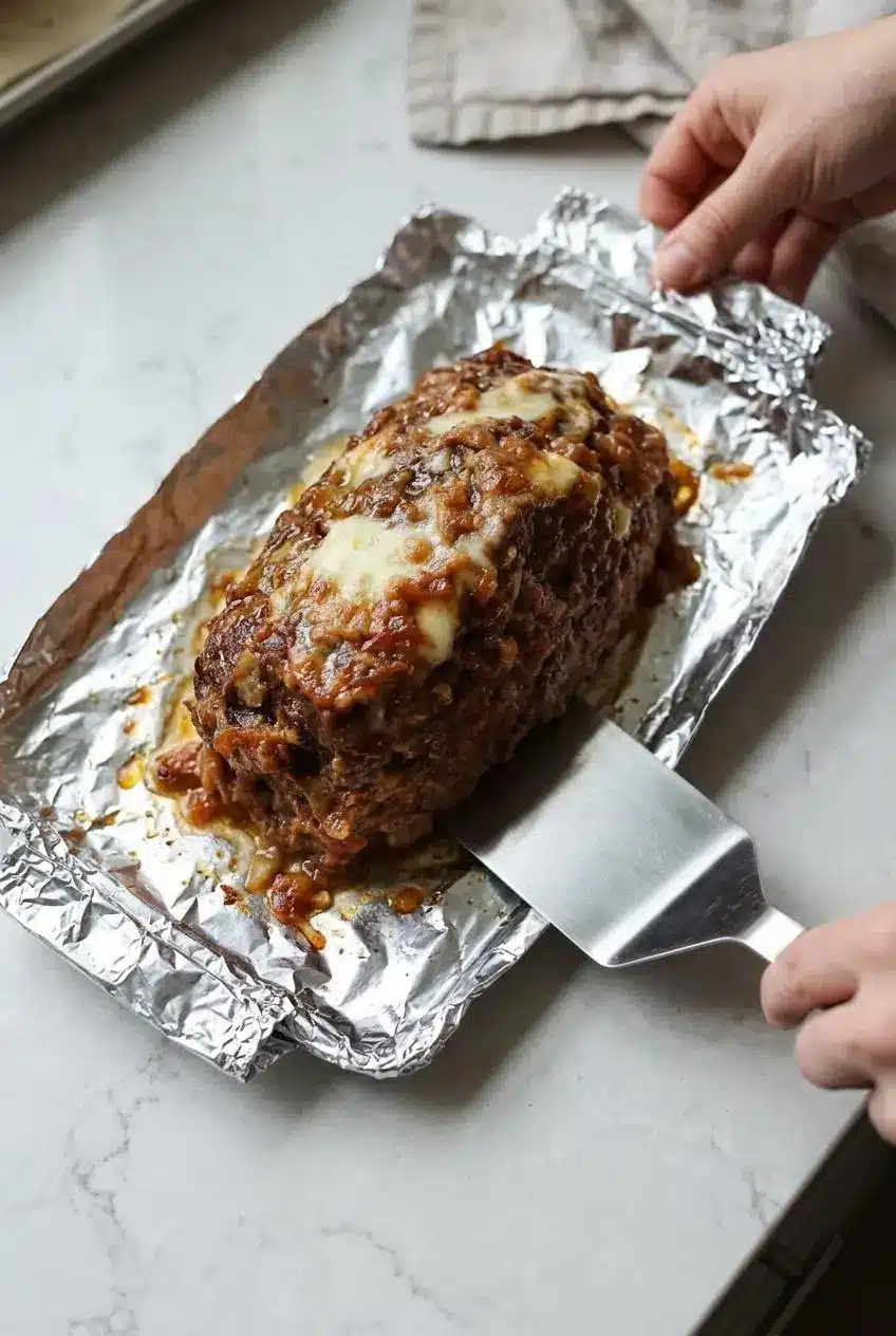 Rested meatloaf topped with melted cheese being lifted on an aluminum foil sling with a wide metal spatula.