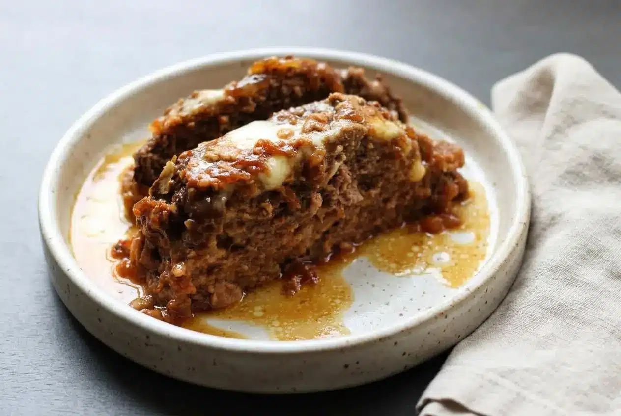 Tender french onion meatloaf topped with melted Swiss cheese over golden caramelized onions and rich broth.