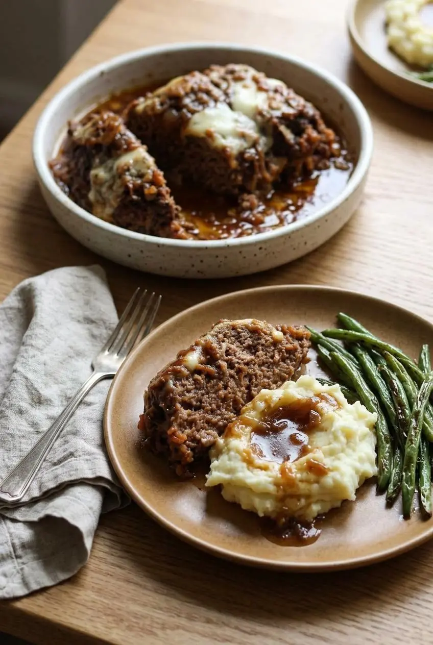 Slice of french onion meatloaf served on a dinner plate with mashed potatoes, onion gravy, and roasted green beans.