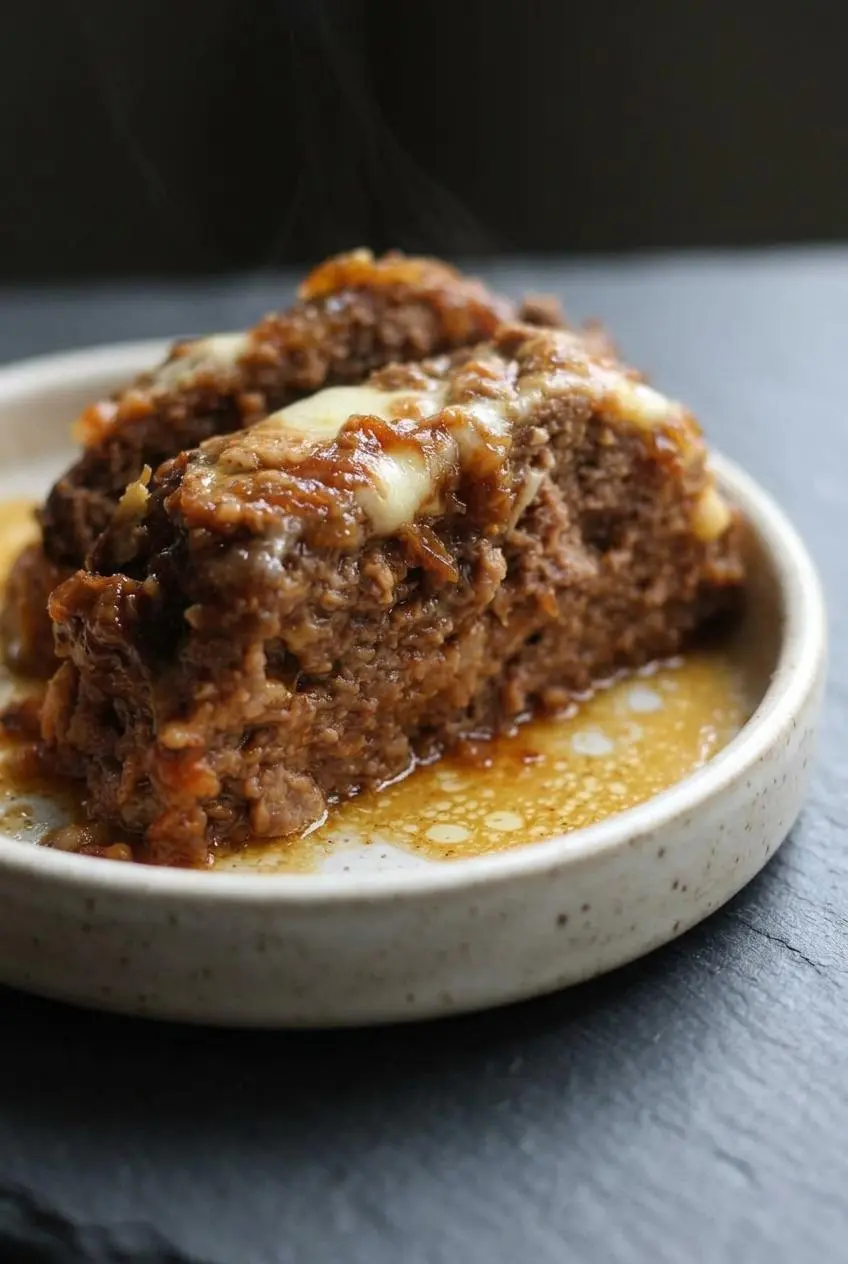 Close-up of sliced french onion meatloaf showing juicy beef crumb, melted cheese pockets, and golden onion broth.