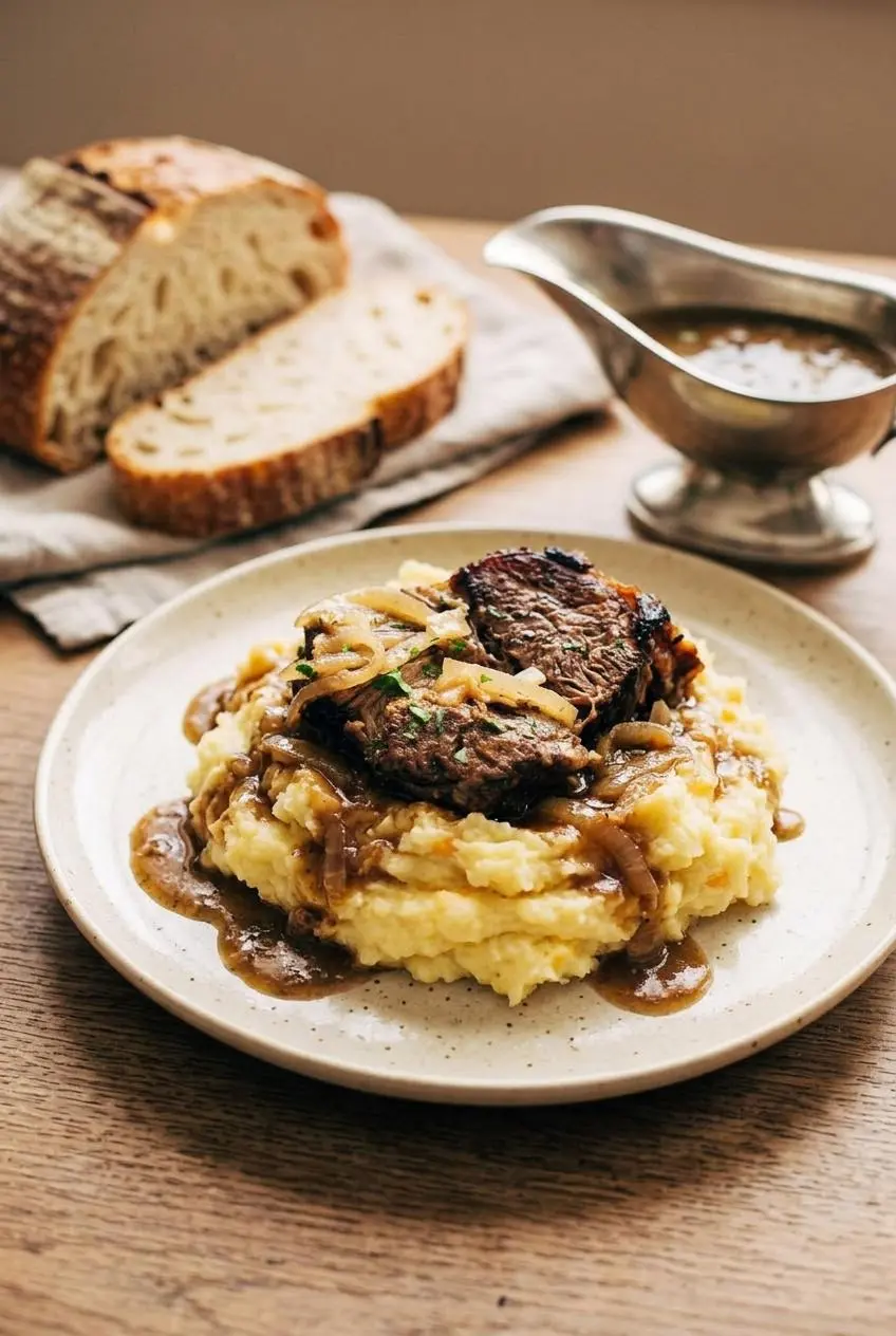 French onion pot roast and savory gravy served over fluffy cheddar mashed potatoes on a dinner plate.