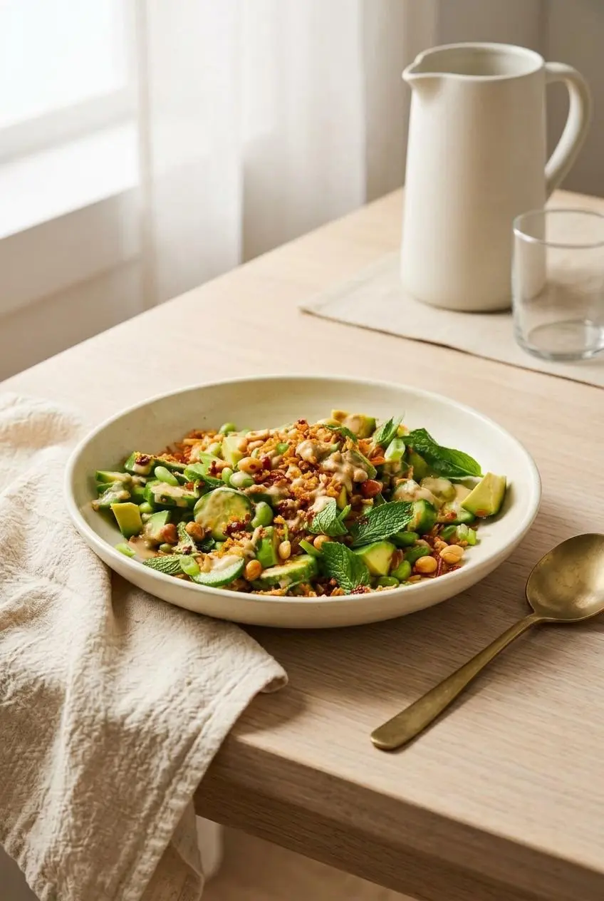 Assembled crispy rice salad bowl garnished with fresh mint, creamy tahini dressing, and red chili crisp.