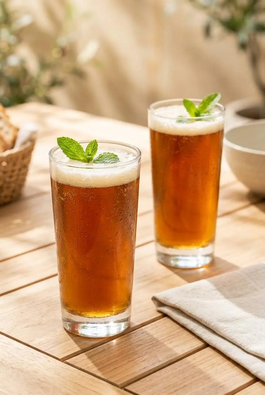 Two glasses of chilled amber bread kvass garnished with fresh mint sprigs on a sunny outdoor wooden table.