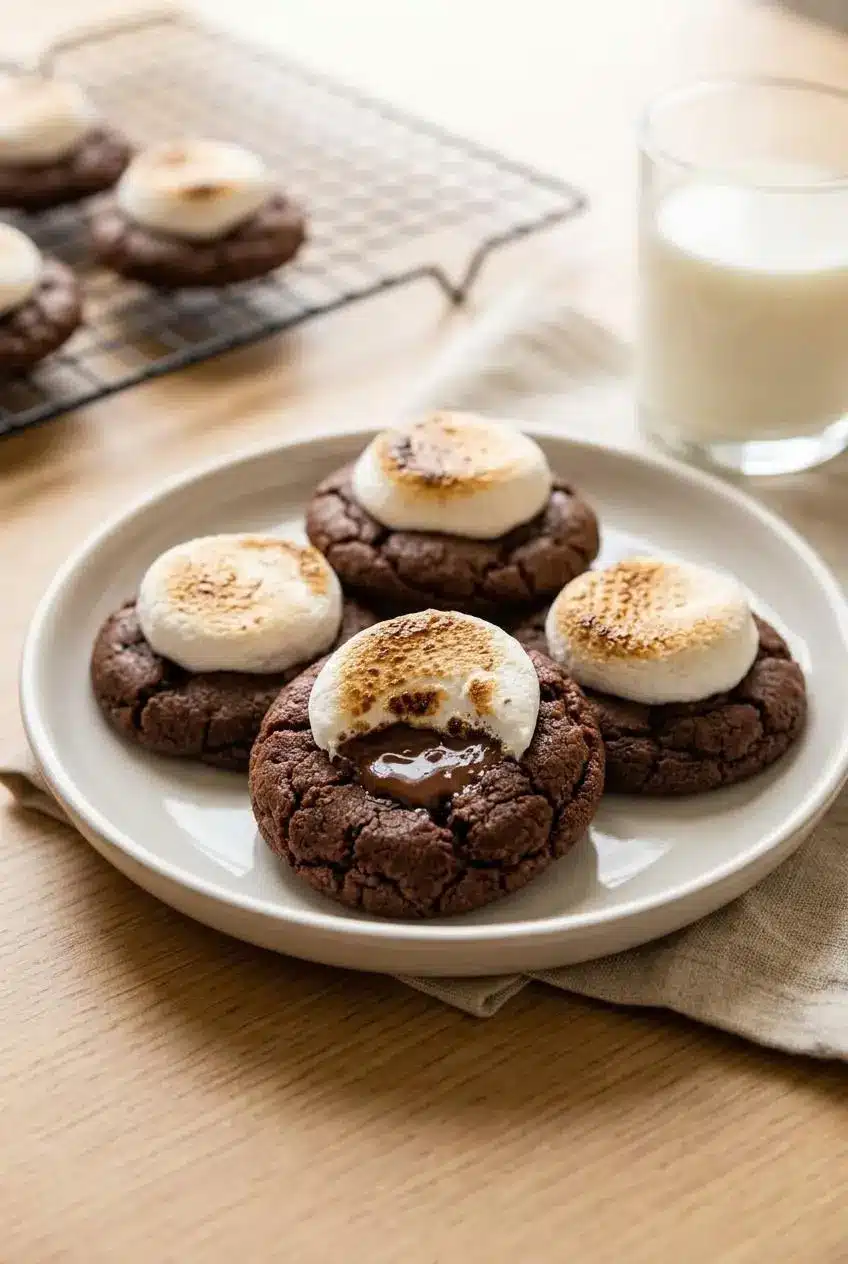 Freshly baked hot cocoa cookies served on a ceramic plate beside a glass of cold milk.