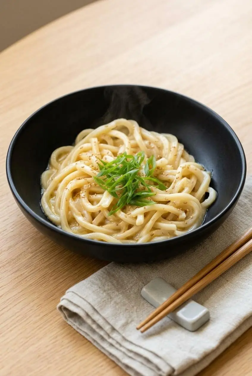 Steaming bowl of miso butter noodles served on a wooden table with chopsticks and a linen napkin.