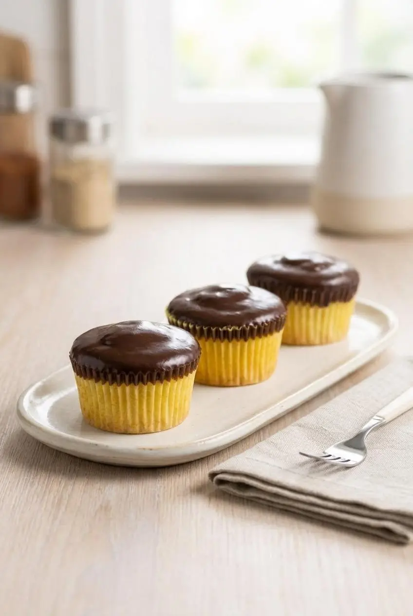 Three glazed Boston cream pie cupcakes arranged neatly on a ceramic serving platter.