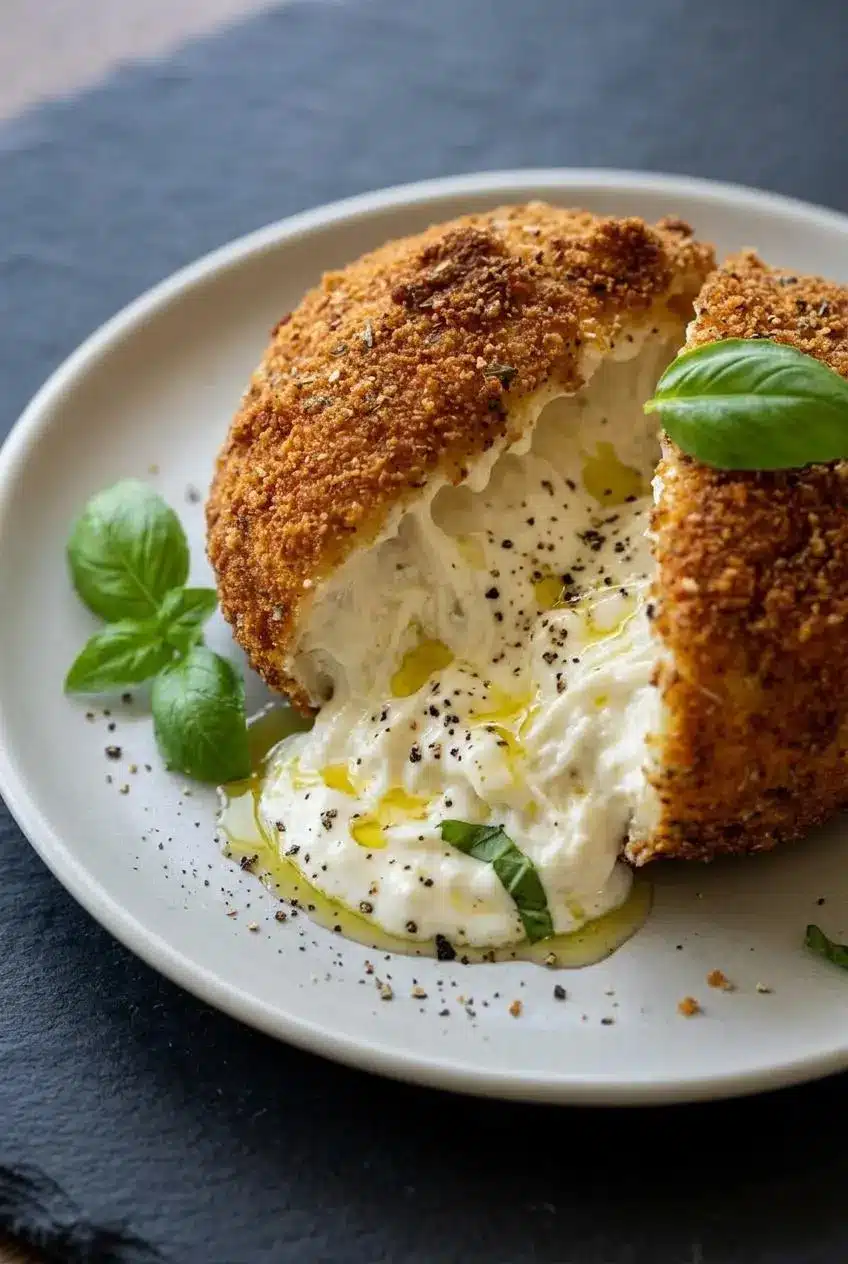 Close-up of fried burrata cut open with warm, creamy stracciatella oozing from the golden breadcrumb crust.