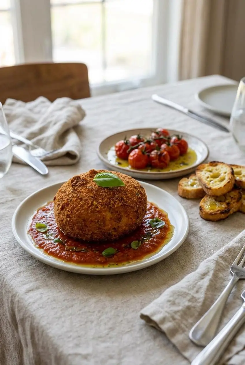 Crispy fried burrata served over red marinara sauce with fresh basil, toasted crostini, and roasted cherry tomatoes.